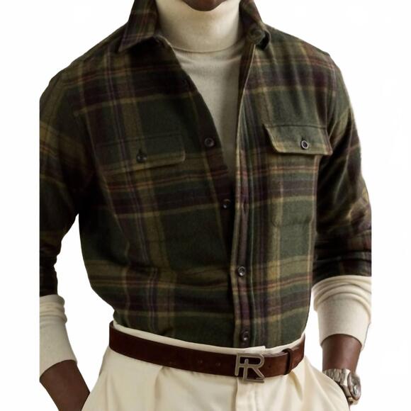 NEW RALPH LAUREN wool cashmere plaidlong sleeve sport shirt in inverness loden m - Picture 4 of 6